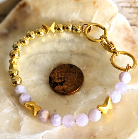 Natural Pink Kunzite & Gold Beads In Half And Half Assymetrical  Bracelet - Picture 5 of 6